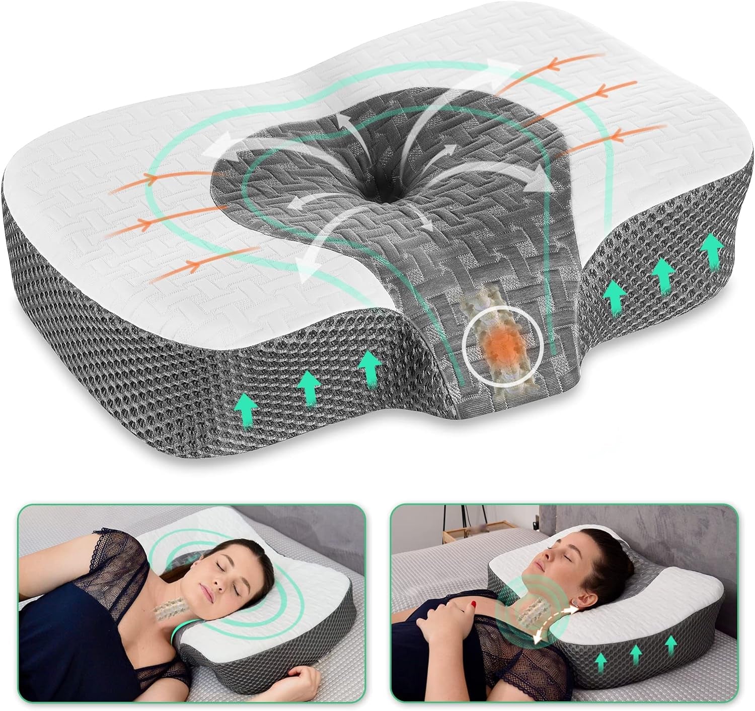 Elviros Oreiller orthopédique en mousse à mémoire de forme, oreiller pour douleurs cervicales, oreiller de sommeil, oreiller ergonomique pour le cou, oreiller de soutien du cou, oreiller anti-ronflement pour dormeurs latéraux, dormeurs sur le ventre, oreillers orthopédiques cervicaux blancs Naty Shop Blanc 60 x 38,6 x 9,9/13,5 cm
