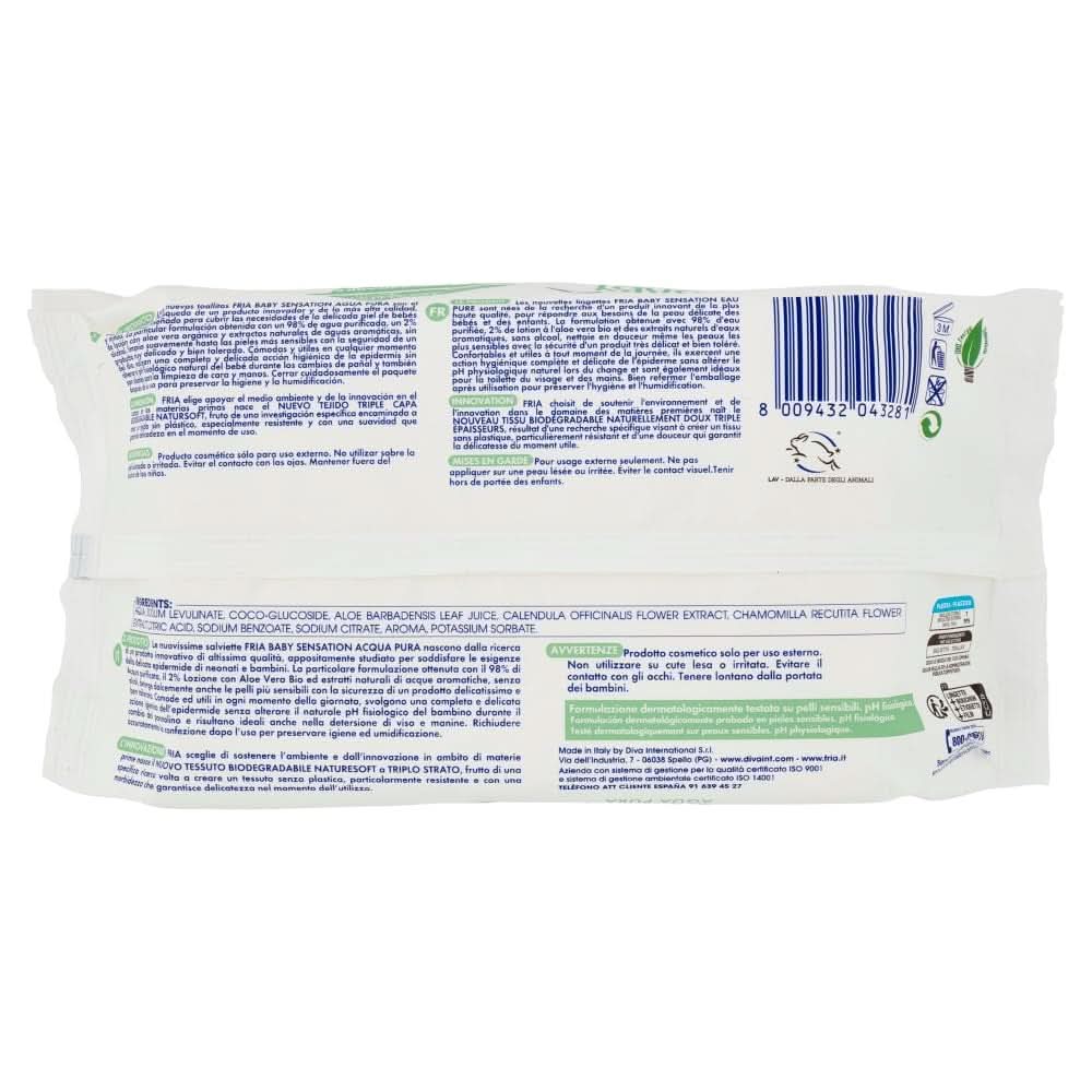 Lingettes à langer Baby Sensation à l'eau pure, formule à 98% d'eau purifiée avec effet nettoyant pour la peau, testées dermatologiquement, pack économique Lingettes humides pour bébé Naty Shop