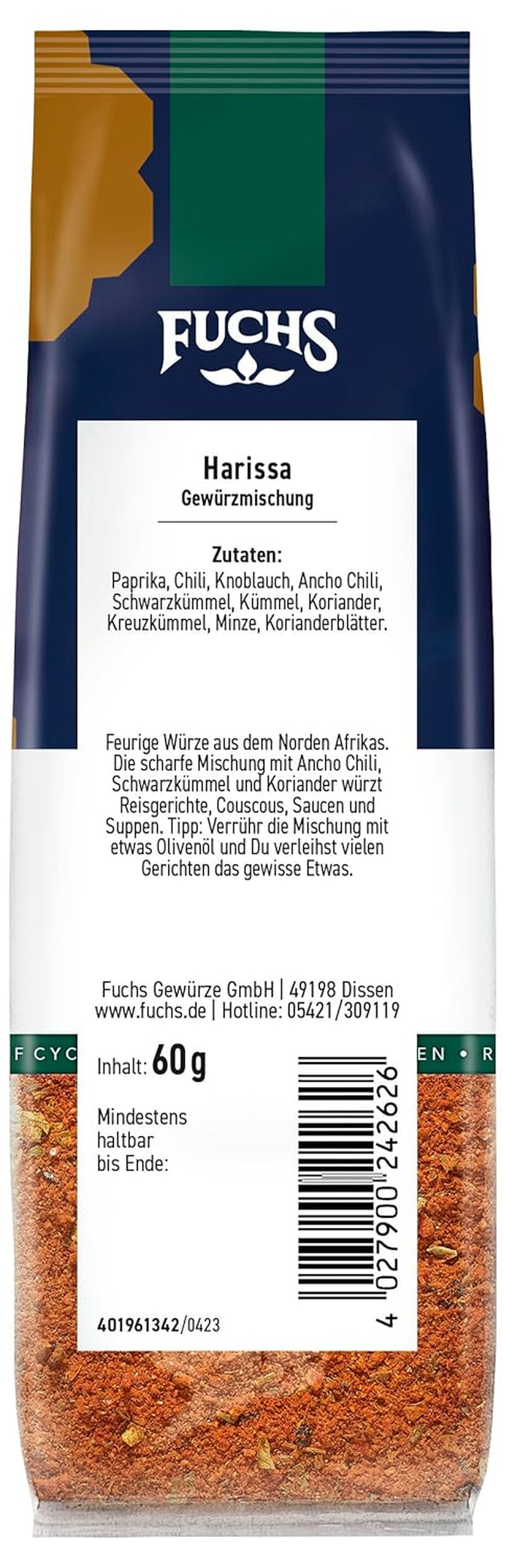 Fuchs Gewürze - Harissa Gewürzmischung im recyclable Nachfüllbeutel, zum Würzen von Ricegerichten, Couscous, Saucen et Suppen - 60 g