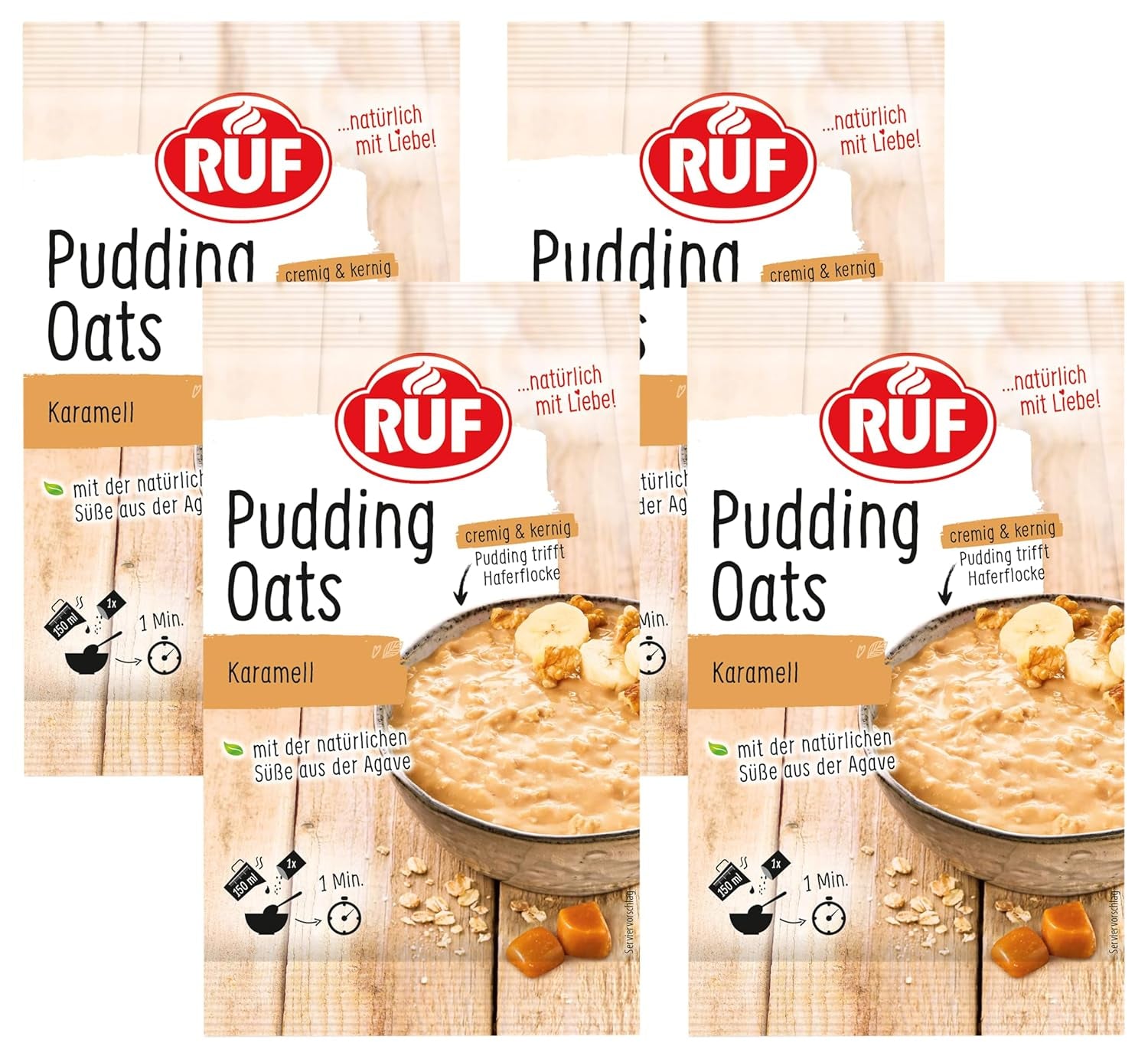 Caramel Oat Pudding, un mélange harmonieux de pudding au caramel et d'avoine complète, sans sucre, sucré au sirop d'agave, 1 sachet x 64g (paquet de 4)