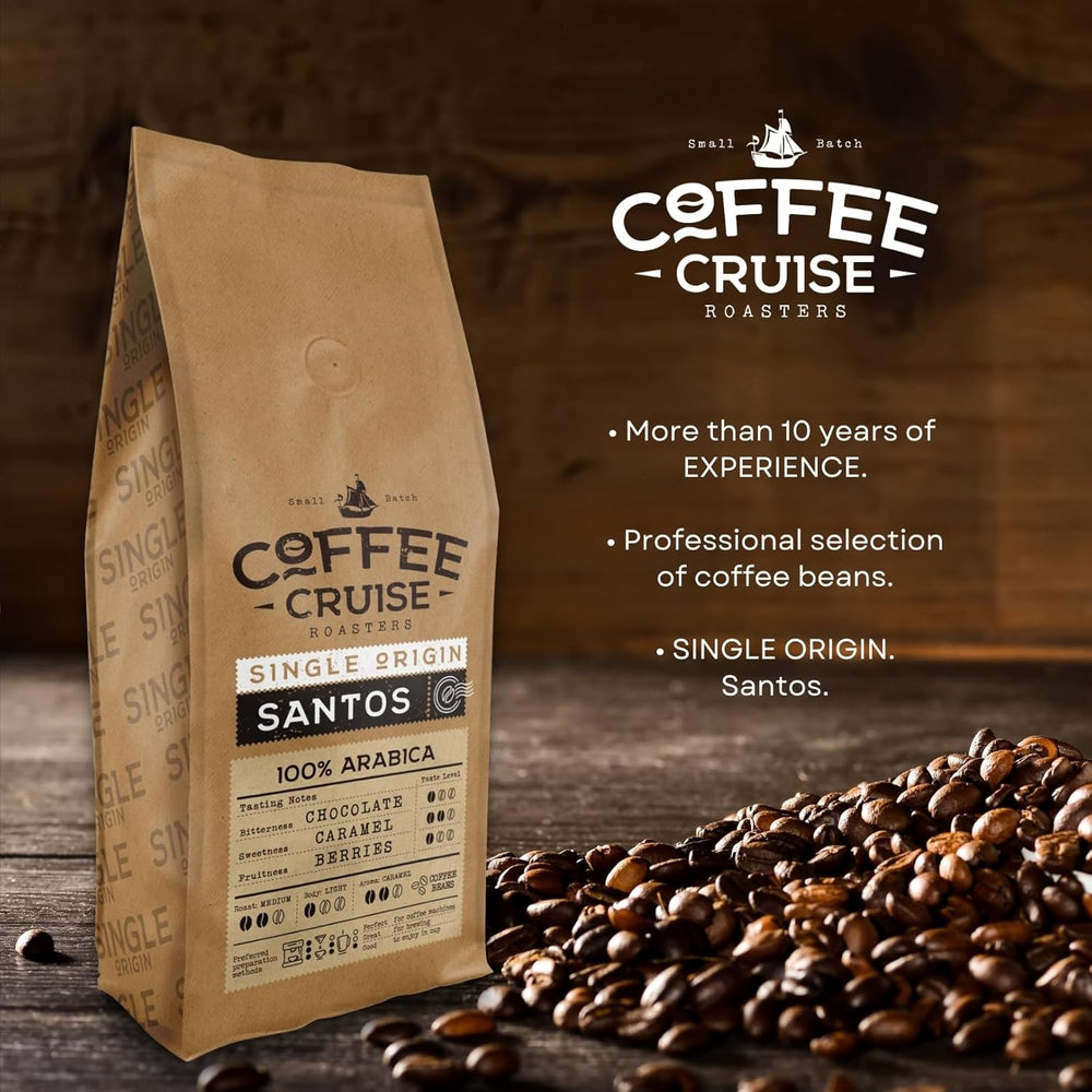 COFFEE CRUISE Santos Kaffeebohnen 1kg - Mittlere Röstung - Aroma Caramel - Pour toutes les machines à café - 100% arabe