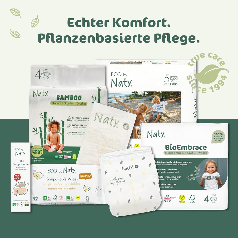 Couches pour bébé Naty BioEmbrace, taille 3 (4 à 9 kg) | Matières 100% végétales, douces pour la peau | Douceur respirante, testée dermatologiquement, excellente absorption | 100 pièces.