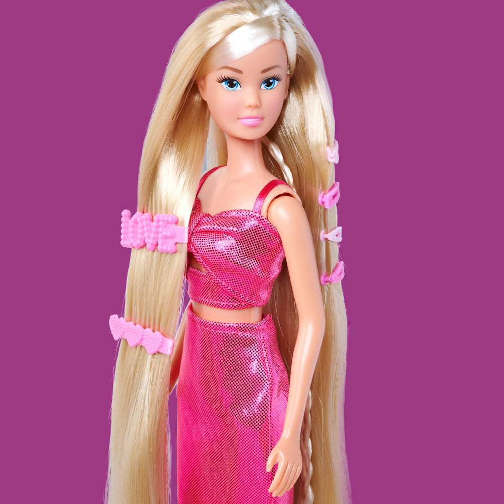 Simba Steffi Love Dream Hair – Chevilles avec cheveux extra longs, inkl. Haarclips & Kamm, dans une robe scintillante rose, 29 cm de gros, poupée de frisette pour enfants à partir de 3 ans