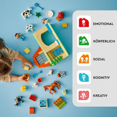 LEGO DUPLO Town Tierpflege auf dem Bauernhof - Spielzeug für Kinder - Montessori Spielzeug -Bauernhof mit Tierfiguren - Pferd, Kuh und Huhn - Lernspielzeug für Mädchen und Jungen ab 2 Jahren - 10416