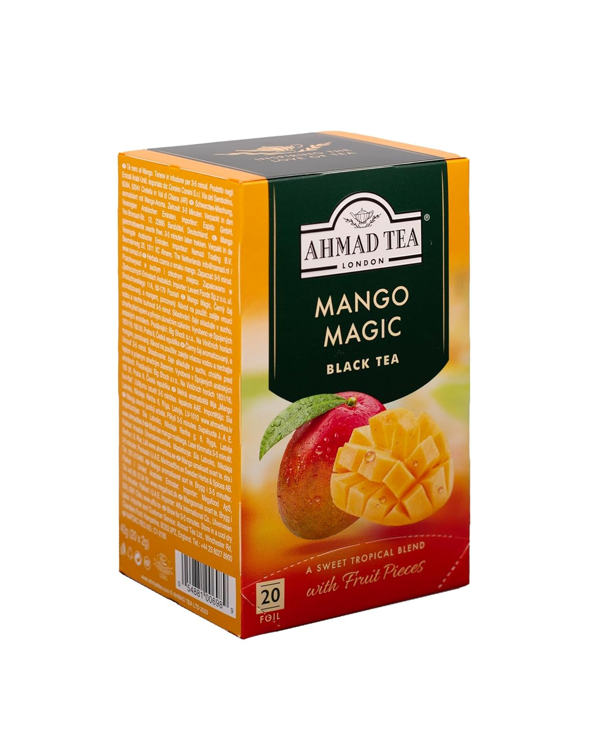 Thé Ahmad – Magie de la mangue | Thé noir aromatisé à la mangue | 20 sachets de thé de 2 g | Sachets de thé avec du ruban adhésif
