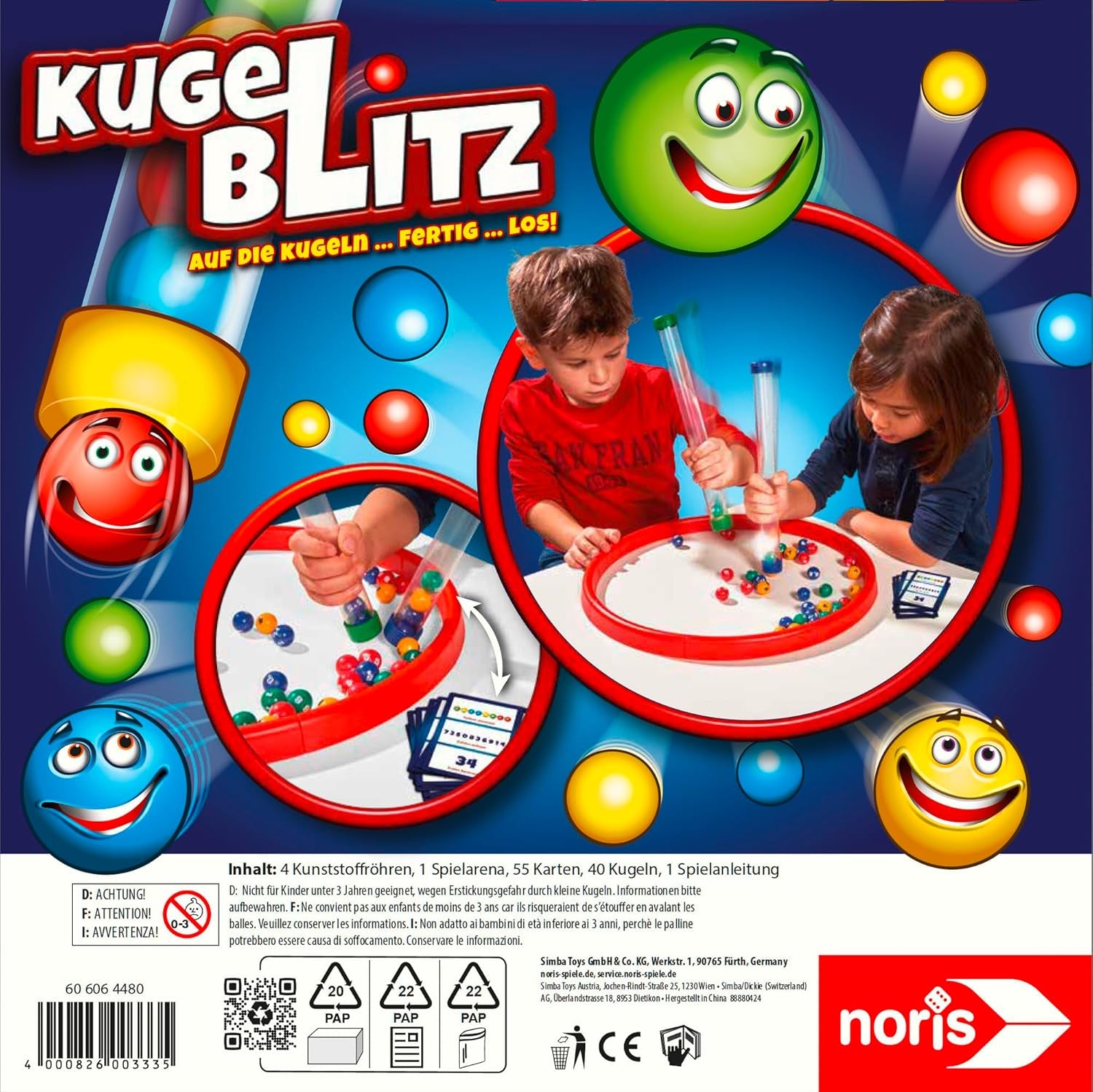 Noris 606064480 Kugelblitz, le jeu d'action ultra-rapide avec effet d'apprentissage dans diverses variantes de jeu, à partir de 4 ans