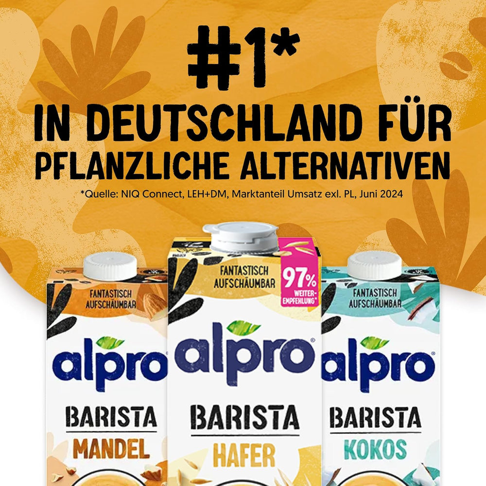 Alpro Barista Haferdrink – Zum Aufschäumen – Vegan et milchfrei – Von Natur aus lactosefrei – Riche en substances de ballast, calcium et vitamines – 8 x 1 L – Haltbar