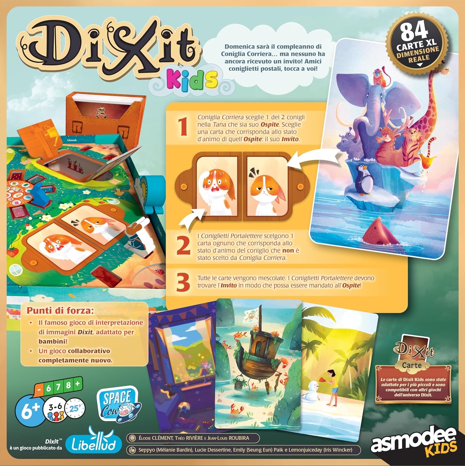 Asmodee Kids - Dixit Kids, jeu de société d'imagination et de fantaisie pour les enfants et toute la famille, cartes à jouer illustrées, 3 à 6 joueurs, à partir de 6 ans, 25 min, édition italienne