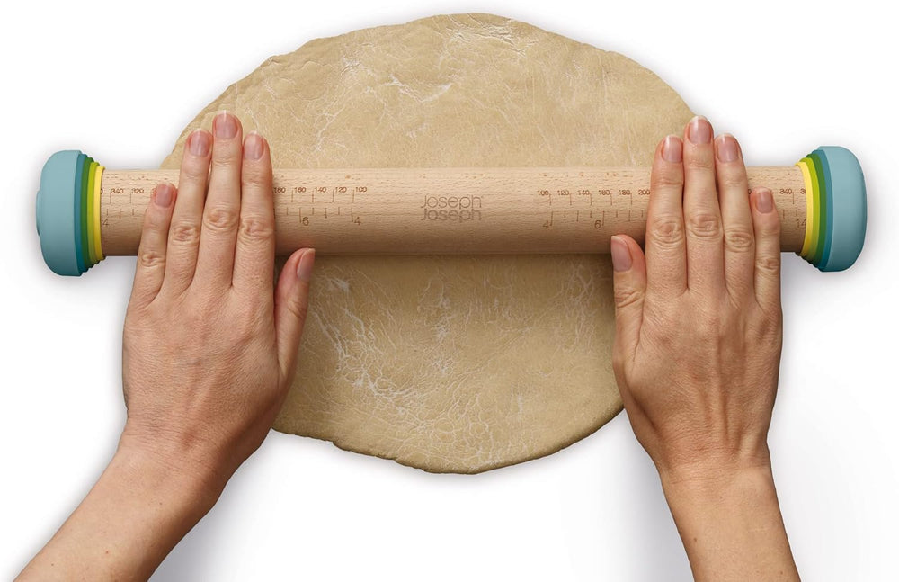 Joseph Joseph Rouleau à Pâtisserie Duo avec Épaisseur de Pâte Ajustable, Rouleau à Pâtisserie et Pâte, Bois de Hêtre, Multicolore, Opale