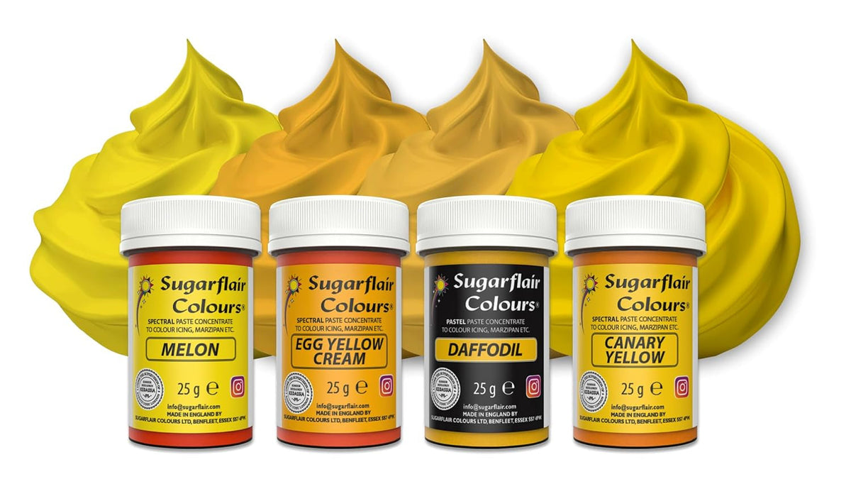 Sugarflair Pasta Colorant Alimentaire Jaune Lot de 4 Pâtes Colorant Alimentaire Fondant Massepain Pâte à Sucre Crème Au Beurre et Plus encore : Jonquille Canari Jaune Crème Oeuf Melon Lot de 4