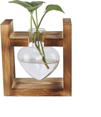 Terrarium de plantes sur support en bois, vase de table en forme de cœur, plantes hydroponiques en verre transparent pour la décoration de jardin de la maison, décoration florale hydroponique pour bureau, salon, cuisine (A)