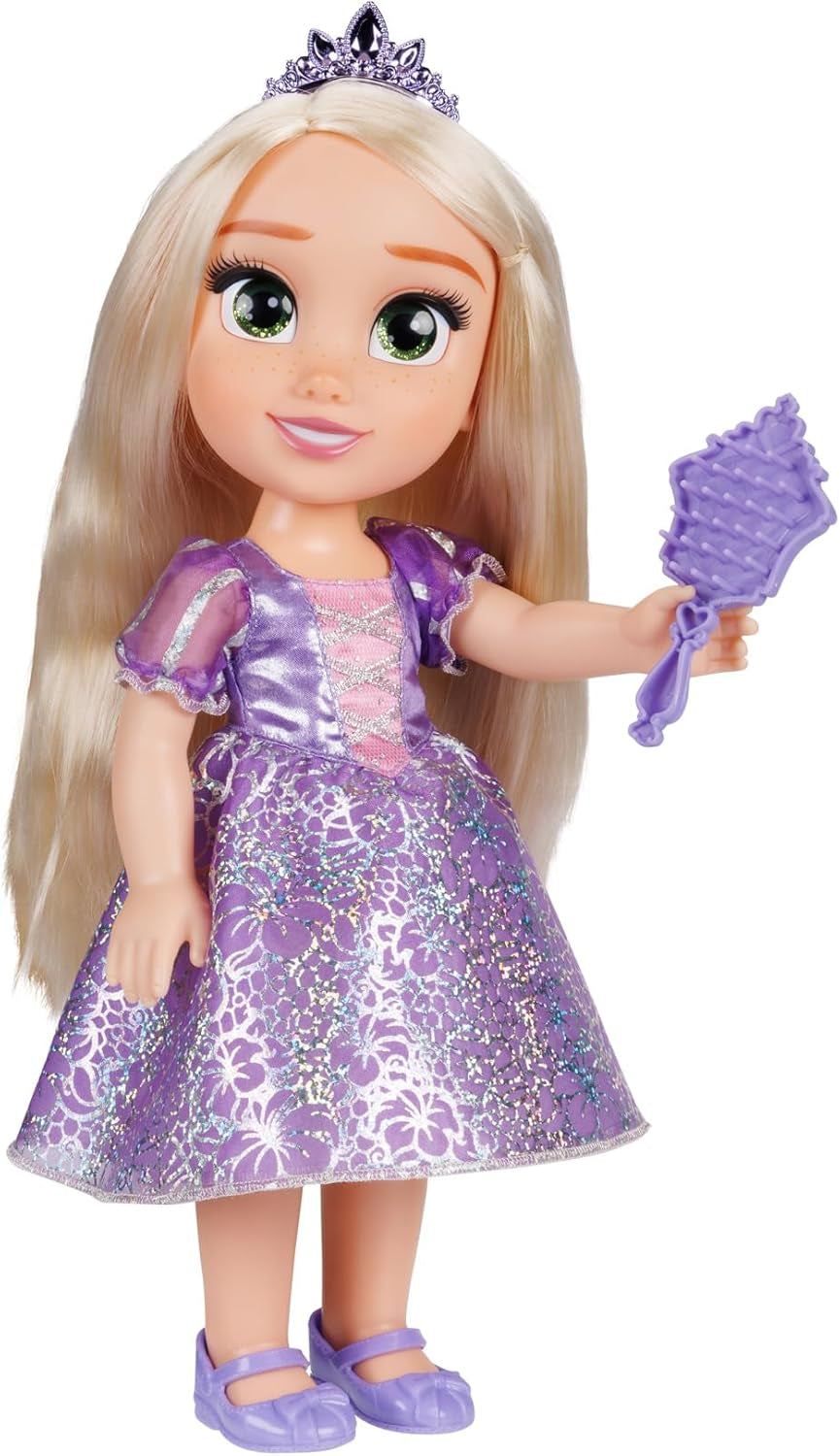 Poupée Disney Princesse Raiponce 35 cm, yeux réfléchissants à paillettes, articulations mobiles, robe amovible, chaussures, couronne, longs cheveux blonds, pour filles à partir de 3 ans