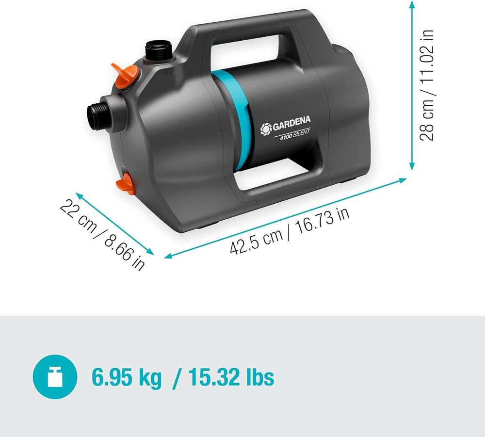Ensemble Pompe de Jardin Silencieuse Gardena 4100 : Pompe d'Irrigation Très Silencieuse et Innovante avec Raccord d'Aspiration de 3,5 m et Tuyau Classique de 20 m, Débit 4100 L/h, Moteur 550 W, Étanche, Économique (9051-20)