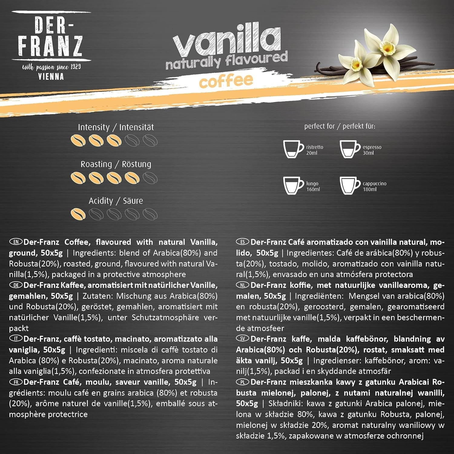 Der-Franz Kaffee Pack, ganze Bohne, aromatisiert, 5 x 500 g (1 x Haselnuss, 1 x Vanille, 1 x Schokolade, 1 x Zimt, 1 x Karamell)