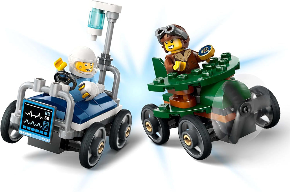LEGO City Avion contre. Kit de voiture de course avec lit d'hôpital - Boîte à savon pour garçons et filles à partir de 5 ans - Jeu de construction avec 2 figurines - Cadeau d'anniversaire et de vacances 60459 Jeux de construction Besuche den LEGO-Store