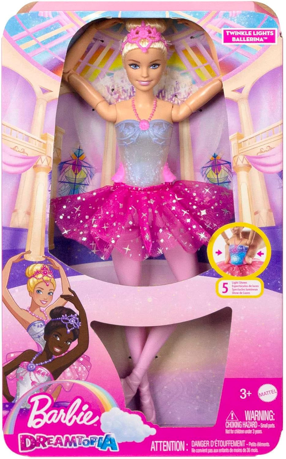 Păpușa Barbie Dreamtopia Magic Light Ballerina, cu tutu roz și păr blond, 5 efecte luminoase și sonore, Barbie mobilă, de la 3 ani, HLC25 Papusi Naty Shop