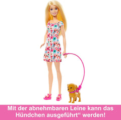 Barbie Hundeduo Puppe und Zubehör, inklusive Hündchen und großem Hund mit Rollstuhl, Leine, Fressnapf, Tierbett und Knochenleckerlis, für Kinder ab 3 Jahren, HTK37