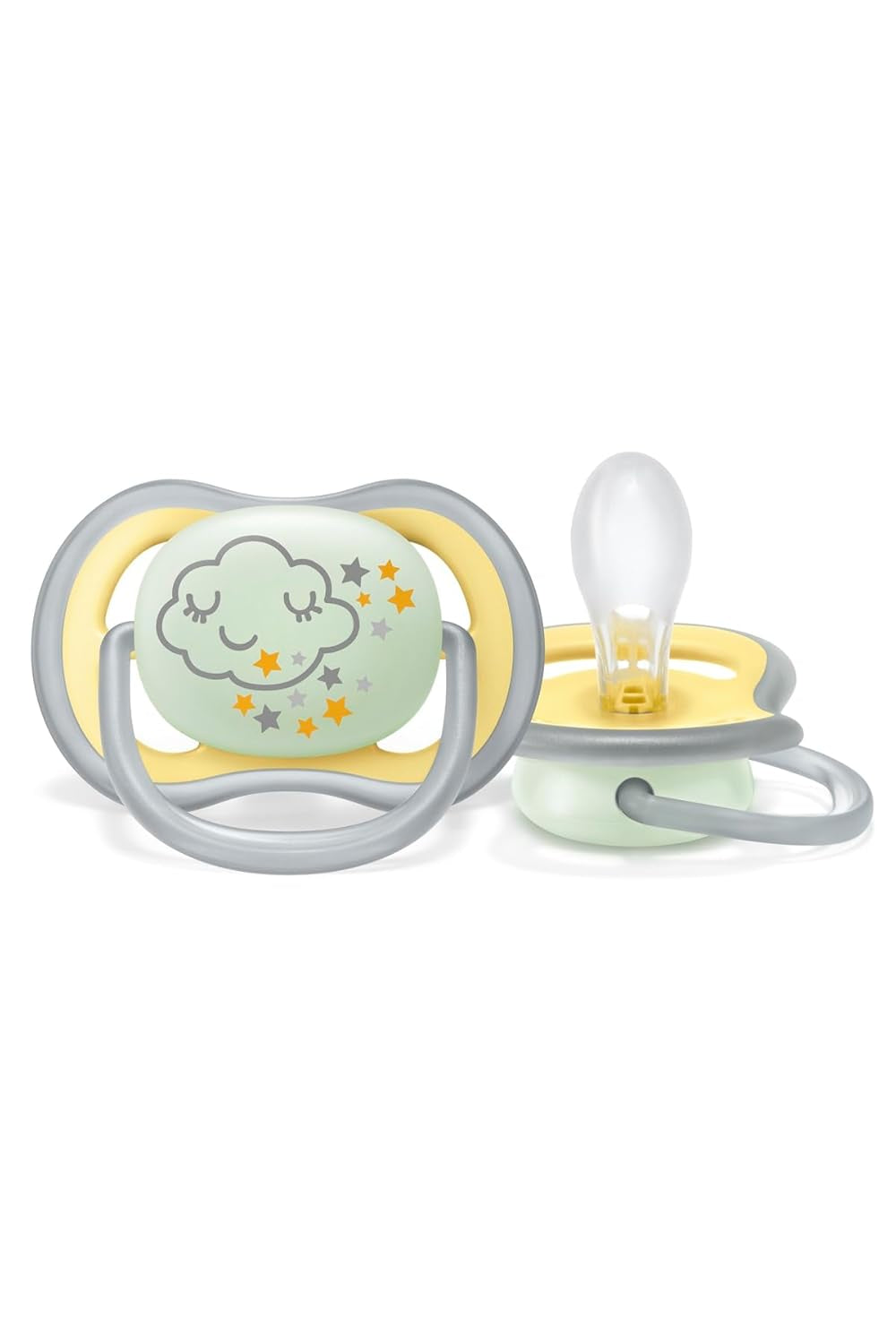 Philips AVENT Sucette de nuit Ultra Air pour bébés de 18 mois et plus qui brillent dans le noir, pack de deux nuages/tigre (modèle SCF376/01)
