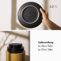 KIVY Geschirrset 6 Personen[Kratz & Spülmaschinenfest] 6x27cm + 6x22cm - Teller Set 12-teilig modern - Geschirr Set - Kombiservice - Geschirrset - Teller Set Schwarz - Teller Schwarz Matt