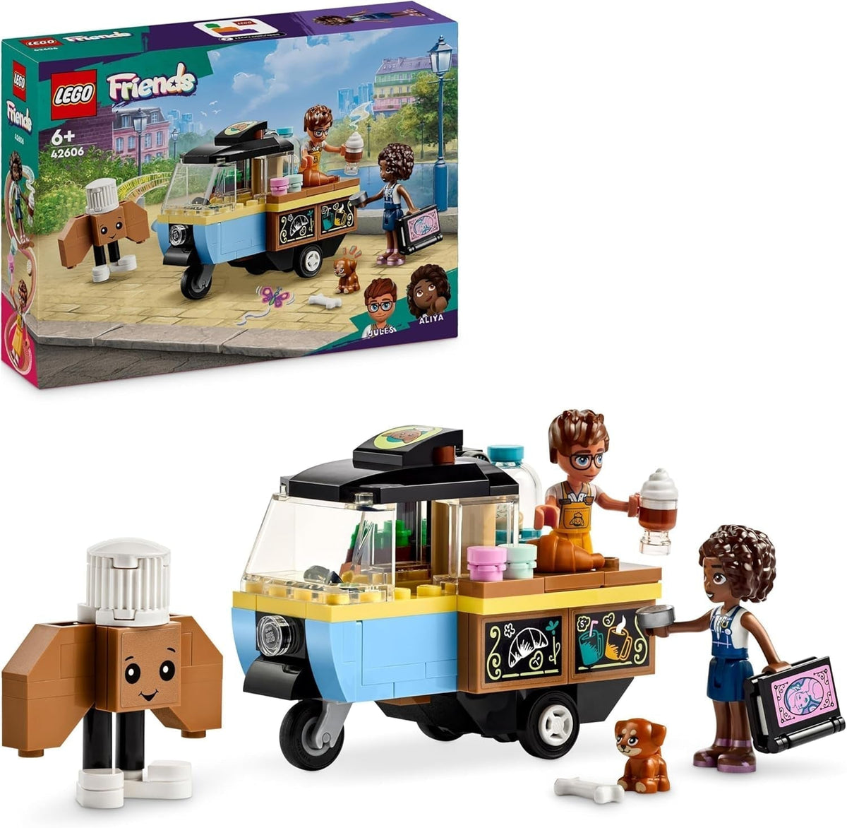 LEGO Friends Rolling Café Petit jouet de pâtisserie pour enfants, cadeau pour filles et garçons de 6 ans, jouet éducatif avec Aliya, Jules et Aira le chien 42606 Ensembles de construction Besuche den LEGO-Store Single