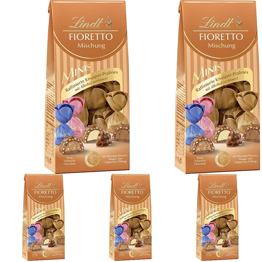 Chocolat - Assortiment FIORETTO Minis | 115g | Env. 10 pralines au chocolat au lait aux saveurs de pâte d'amande, cappuccino et nougat, contiennent de l'alcool | Coffret cadeau chocolat | Coffret chocolat (pack de 5)