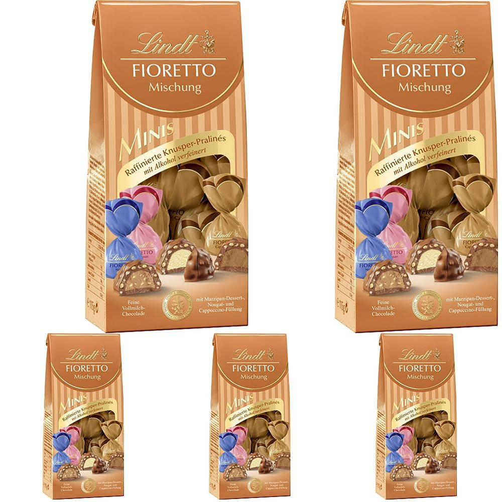 Chocolat - Assortiment FIORETTO Minis | 115g | Env. 10 pralines au chocolat au lait aux saveurs de pâte d'amande, cappuccino et nougat, contiennent de l'alcool | Coffret cadeau chocolat | Coffret chocolat (pack de 5)