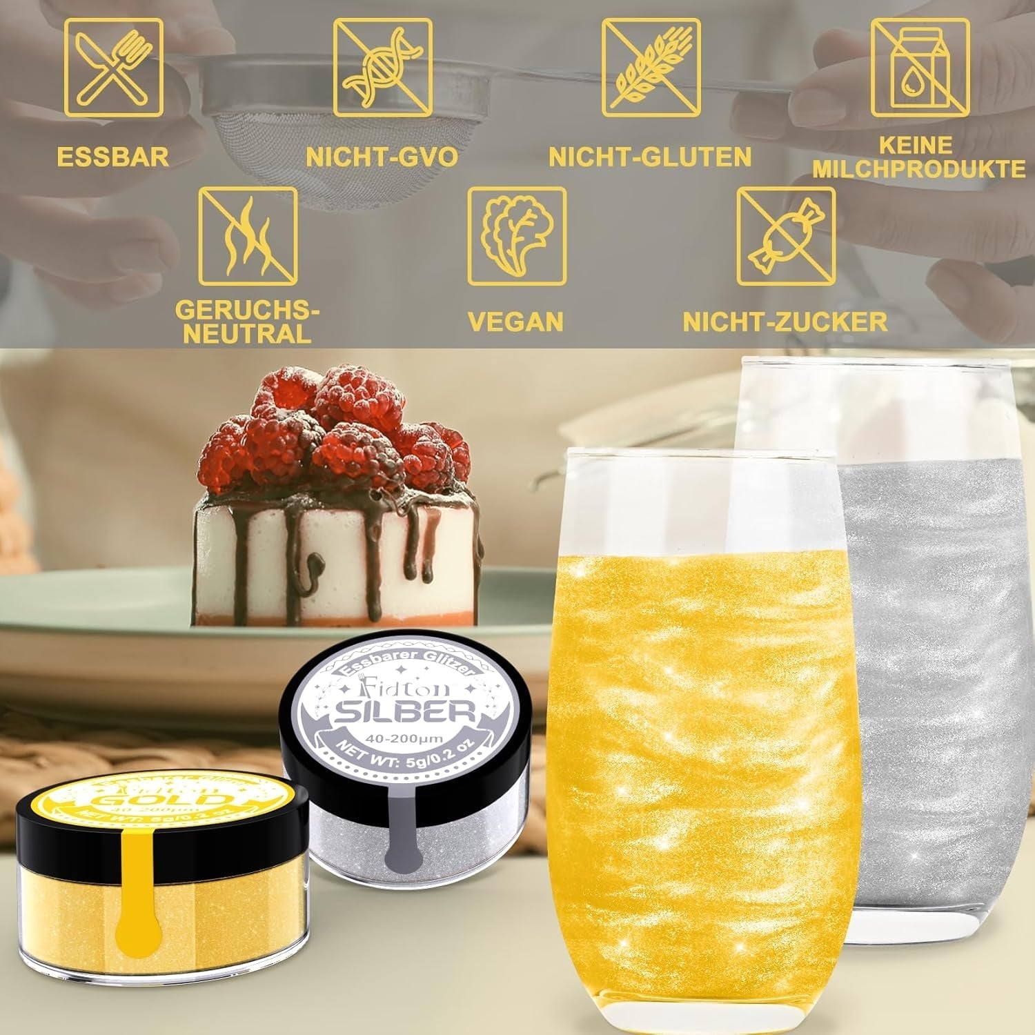 Paillettes comestibles pour boissons – Fidton 2 couleurs en poudre colorant alimentaire, paillettes comestibles pour gâteaux, fondant doré, beignet, paillettes comestibles pour boissons, cocktails, or et argent comestibles – 5 g