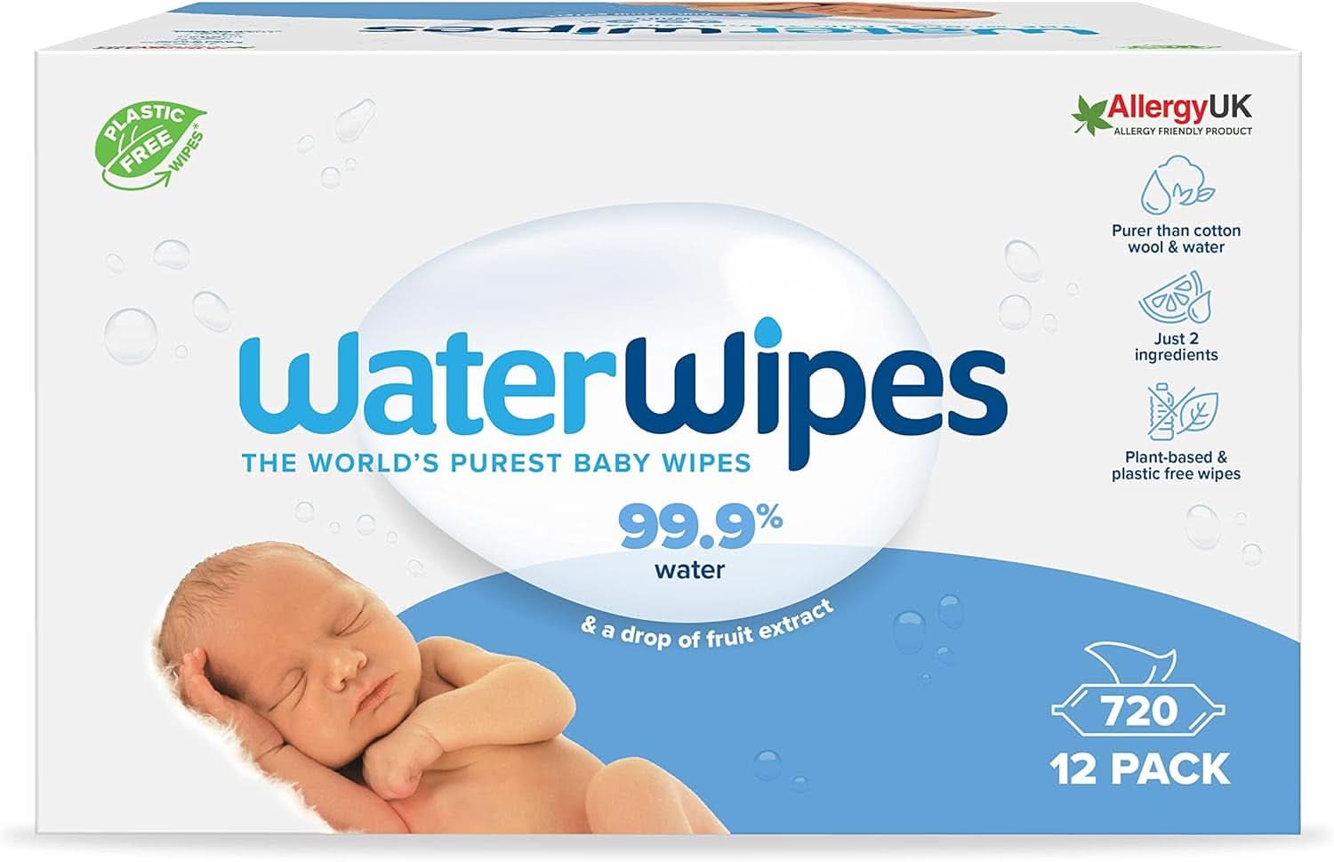 Waterwipes Plastikfreie, Originale Reinigungstücher Für Babys, 540 Stück (9 Packungen), 99,9 % Wasserbasierte Reingugnstücher, Unparfümiert Für Empfindliche Haut Naty Shop 720 Stück (12Er Pack)