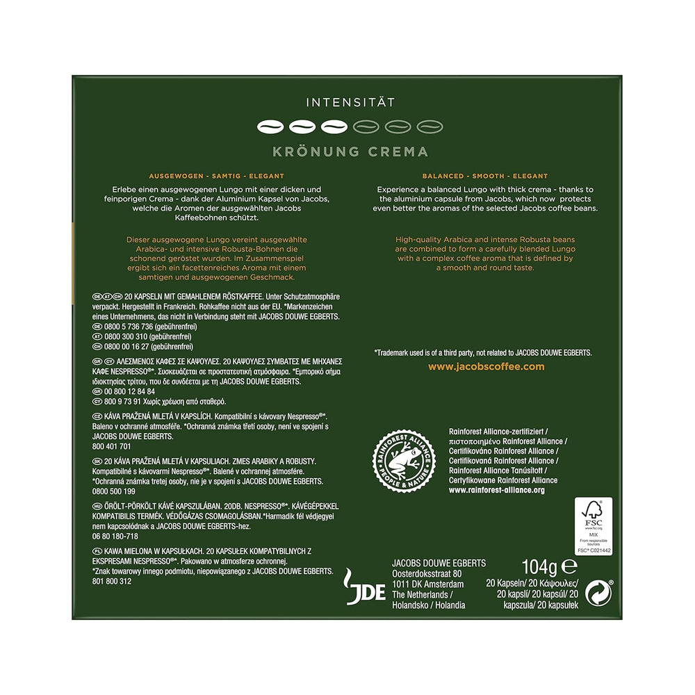 Capsules de café Lungo Intenso, Intensité 8 sur 12, 10 x 20 capsules de café & Capsules de café crème krönung, 200 capsules compatibles Nespresso, 10er Pack, 10 x 20 capsules de café, 1040 g