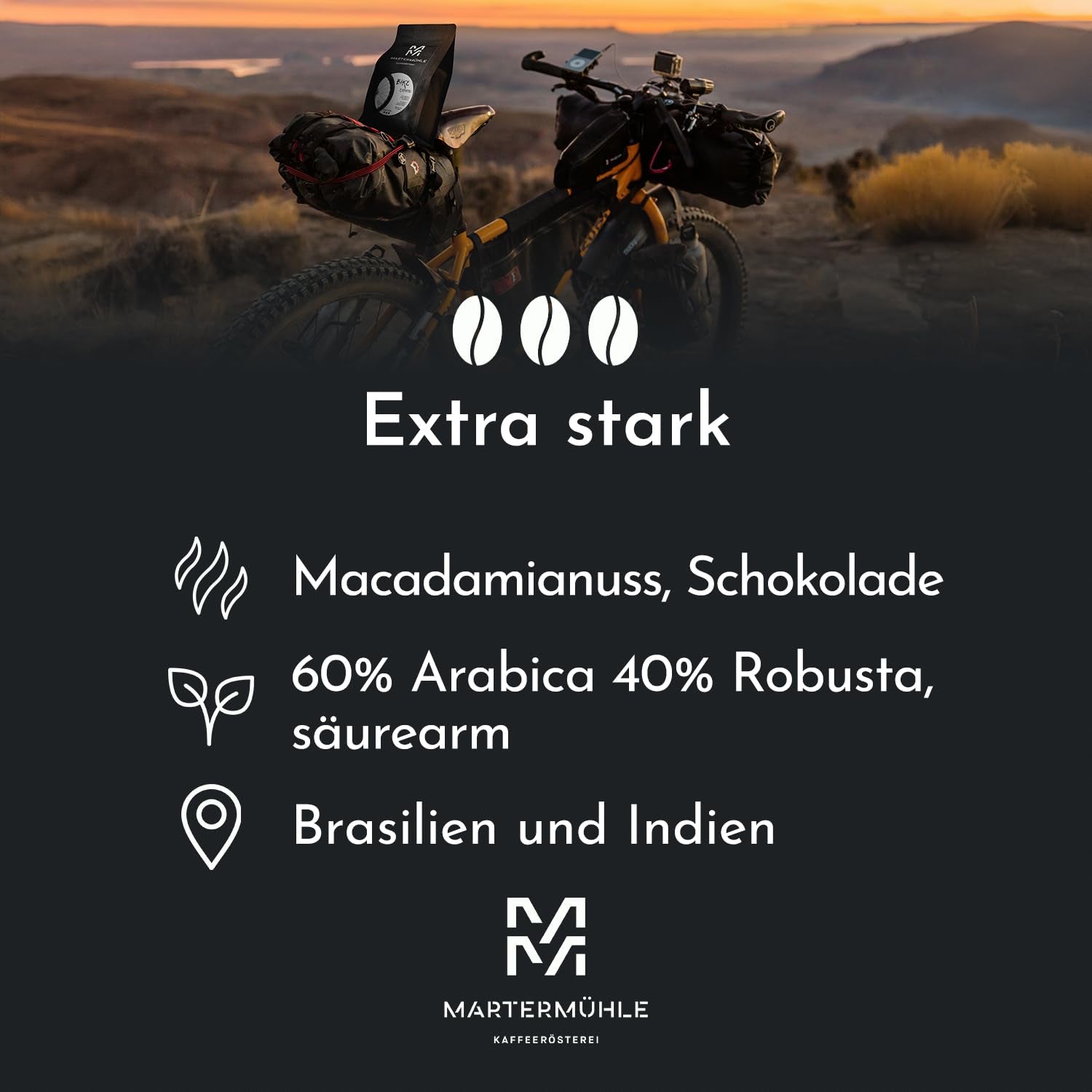 Grains d'espresso Martermühle Bike 500g Strong | Arabica/Robusta | Saveurs : Noix de macadamia, chocolat au lait | Grains d'espresso entiers légèrement torréfiés, faible acidité