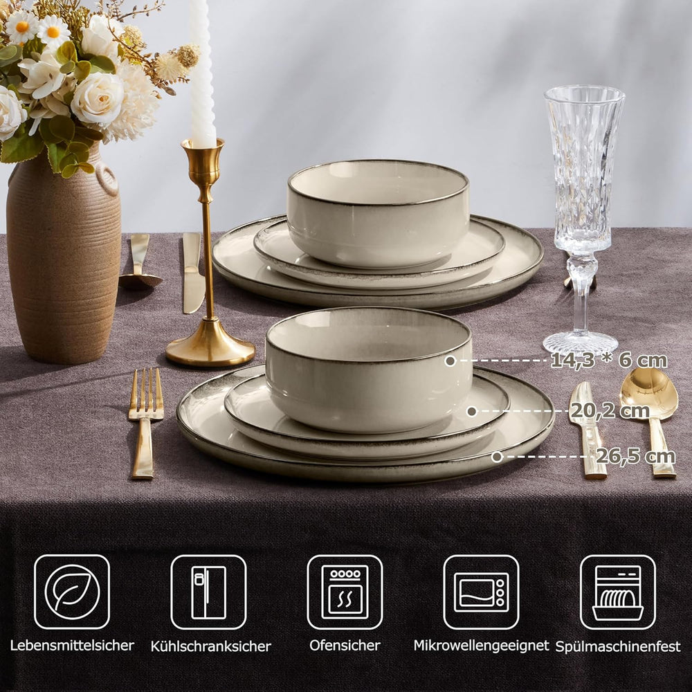 Service de table pour 6 personnes, 18 pièces en grès, service combiné, 6 assiettes plates, 6 assiettes à dessert, 6 bols à céréales, résistant aux rayures et passe au micro-ondes – Kaki Karst