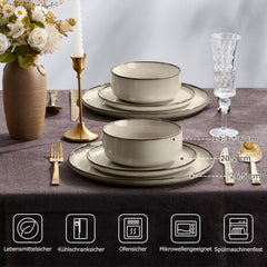 Service de table pour 6 personnes, 18 pièces en grès, service combiné, 6 assiettes plates, 6 assiettes à dessert, 6 bols à céréales, résistant aux rayures et passe au micro-ondes – Kaki Karst
