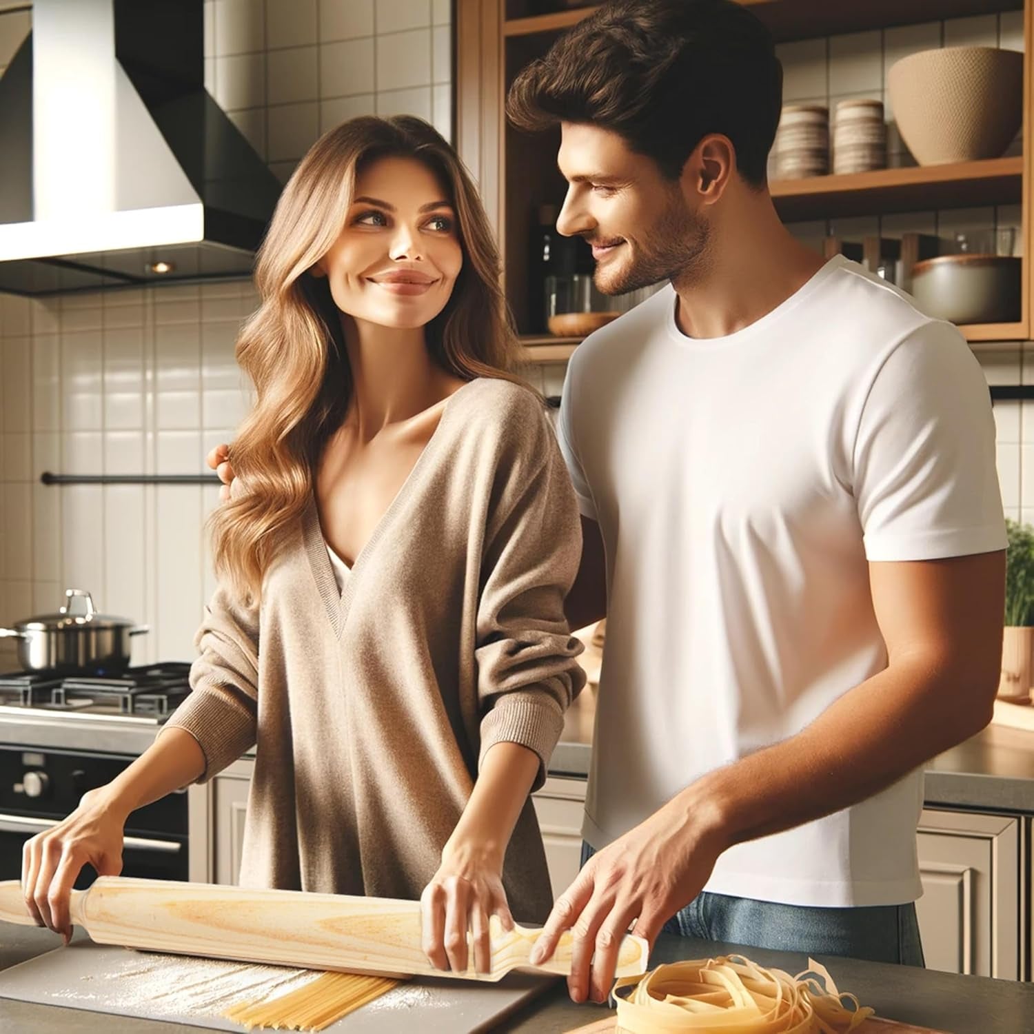 Rouleau à pâtisserie en bois avec poignées - 40 cm x 4 cm - Rouleau à pâtisserie antiadhésif pour étaler et pétrir pâtes fraîches, pizza, biscuits, raviolis, gâteaux, pâtisseries - utile en cuisine