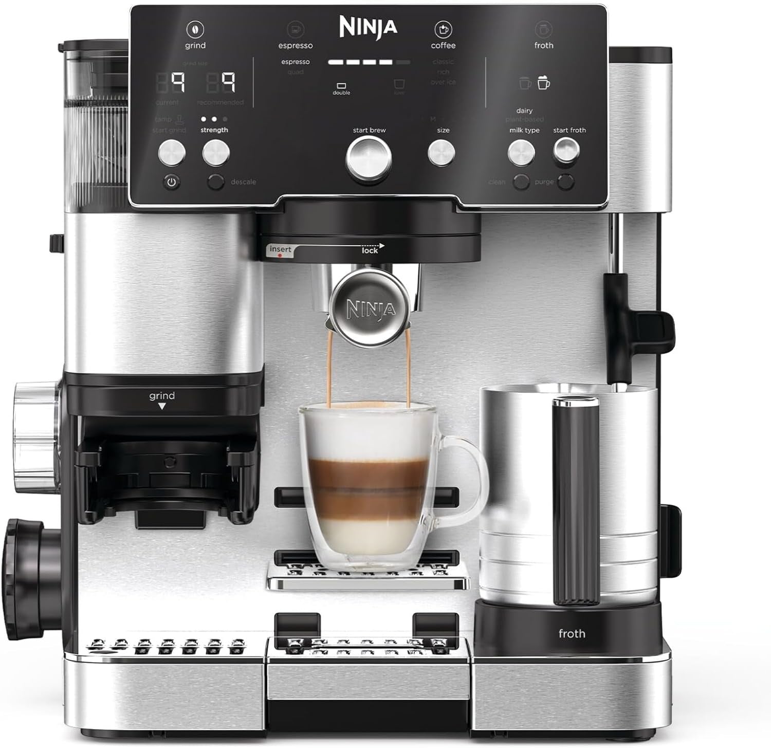 Ninja Luxe Pro Cafetière 3 en 1 avec moulin et mousseur pour latte, cappuccino, infusion à froid et expresso, facile à utiliser, 5 préréglages de mousseur, argent, ES701EU