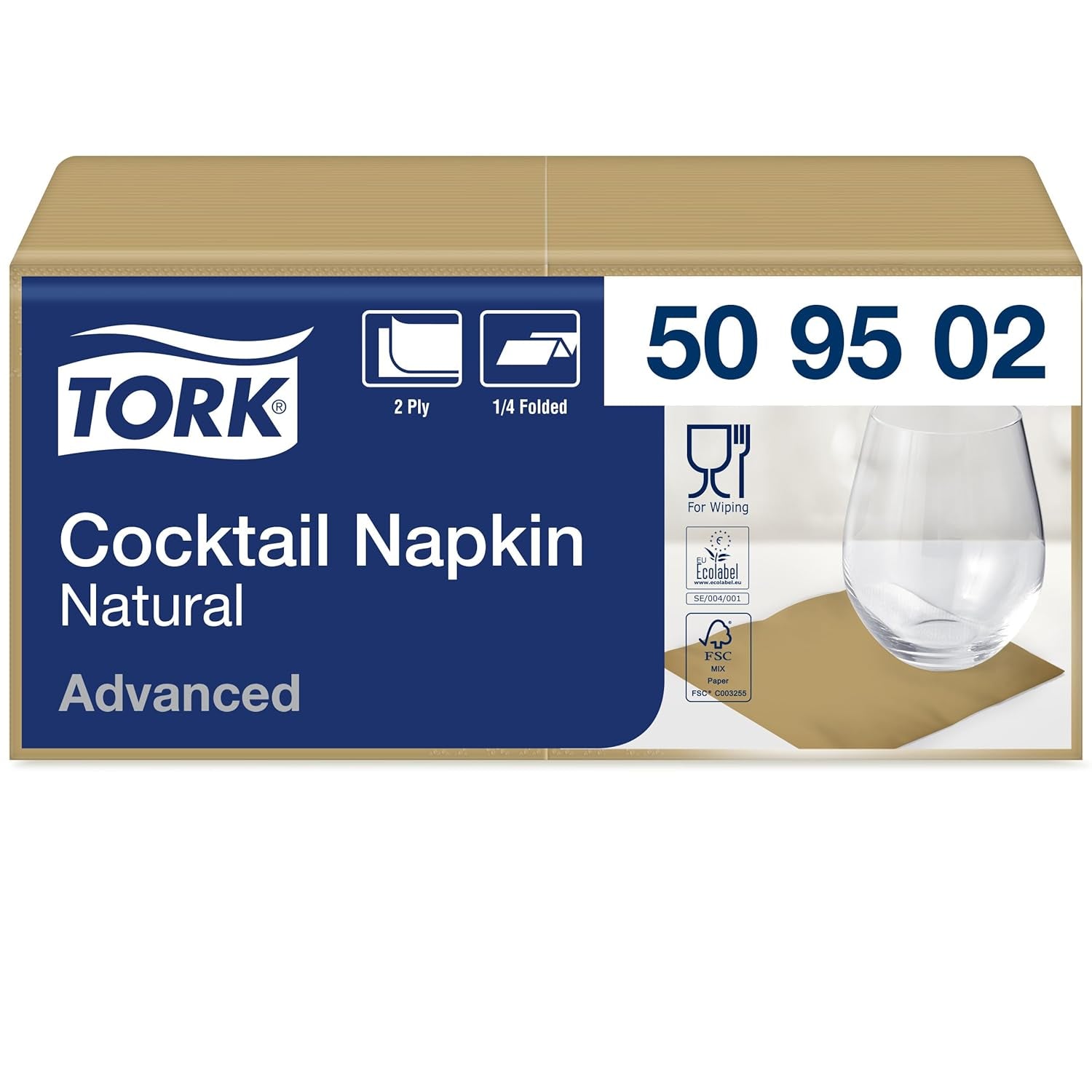 Serviette à cocktail Tork nature avec symbole environnemental pré-imprimé, 200 serviettes, 509502