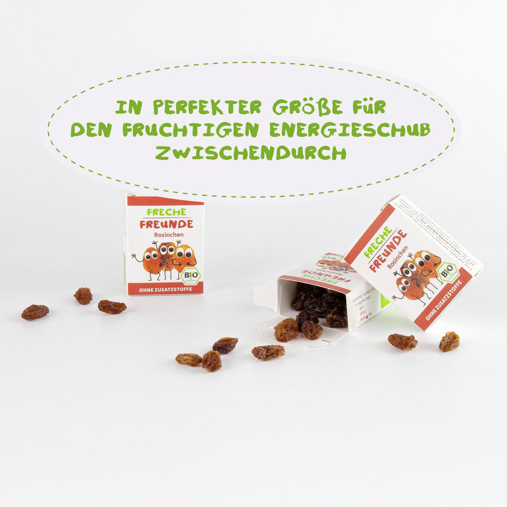 FRECHE FREUNDE Raisins secs biologiques, trockenfrüchte ohne Zucker, sans Zusatzstoffe, ungeschwefelt, dans de petites boîtes à collations, Sultaninen für Kinder, 20er Pack, 20 x (3x14g)