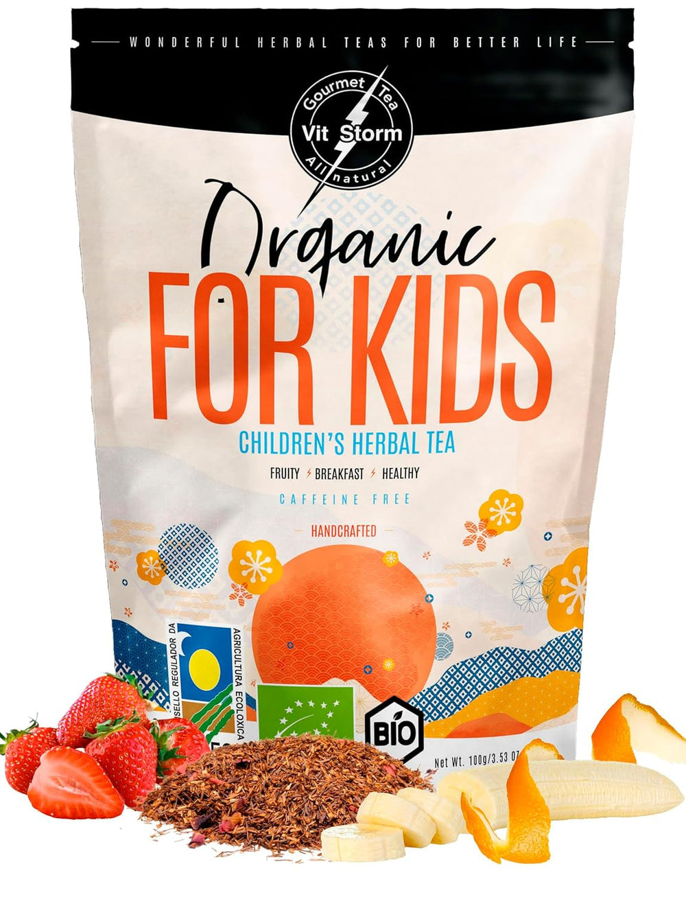 VITSTORM® BIO TEE Mom & Kids - Thé pour femme et allaitement - Rooibos, pomme, fenouil, mélisse, alchémille, fraise - Thé relaxant - Fruité et délicieux - Sans caféine - Tisane 100 g