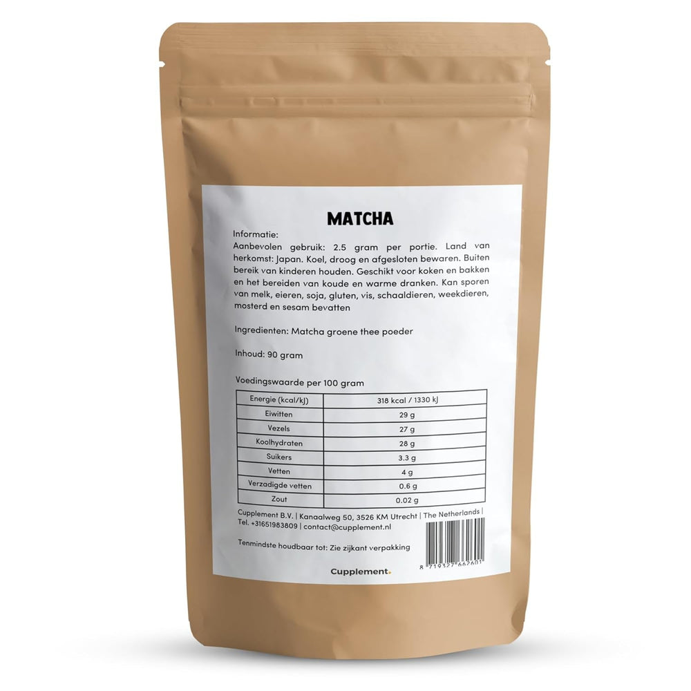 Cupplement Matcha 90 grame bio - Ceai verde pudră de cea mai înaltă calitate - Fără bătător de bambus și tel - Culunary - Set pentru începători - Latte - Bătător - Japonia - Pudră - Ceai - Tel - Pungă - Smoothie