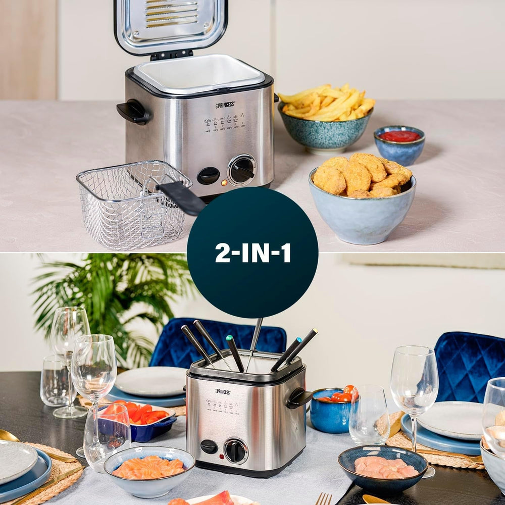 Mini Friteuse à Fondue Princess 182611 - Chauffage Rapide - Filtre à Odeurs - Capacité 1,2 Litre, Argent Électroménager Naty Shop