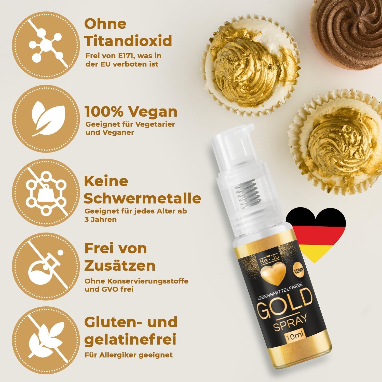 He-Ju Food Color Spray Gold 10g Poudre d'Or Comestible Vegan et Paillettes Comestibles Gratuites E171 pour Boissons