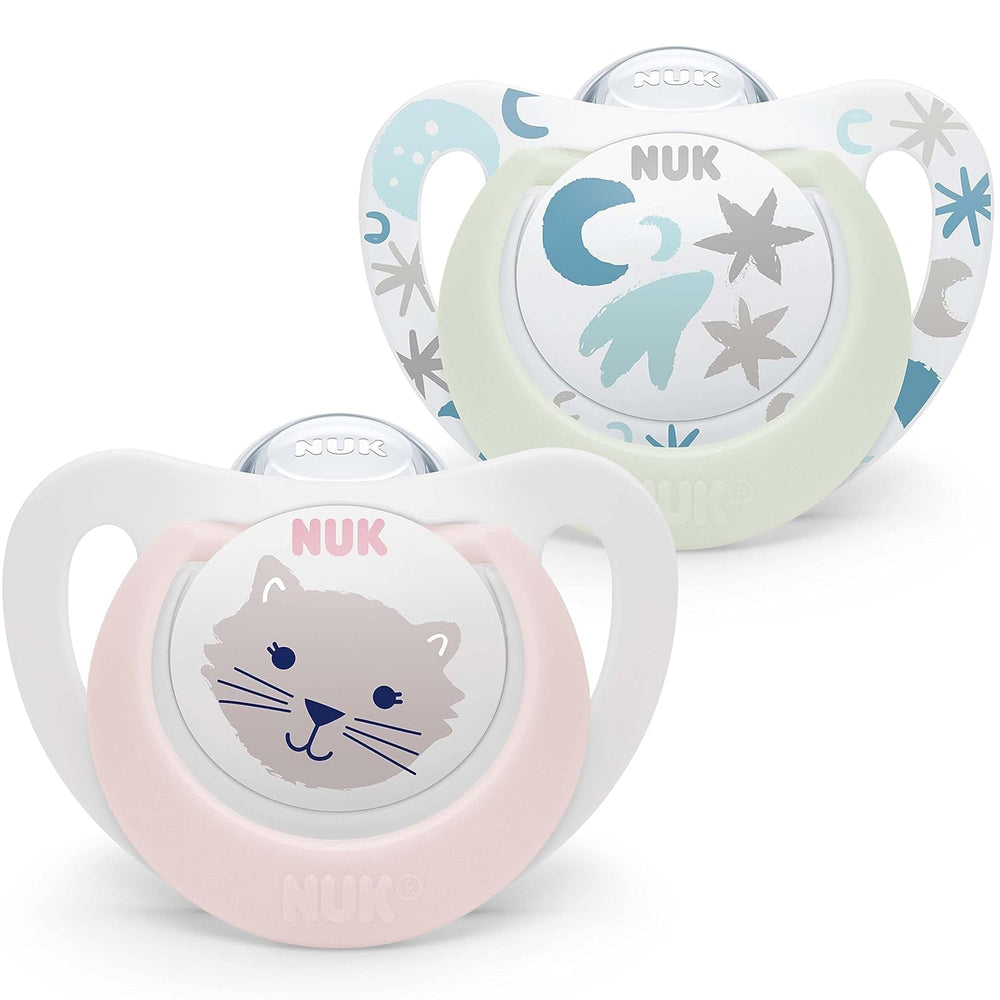 NUK Star Night & Day Sucette pour bébé 0-6 mois Glow In The Dark Silicone Sans BPA Chat Rose Lot de 2