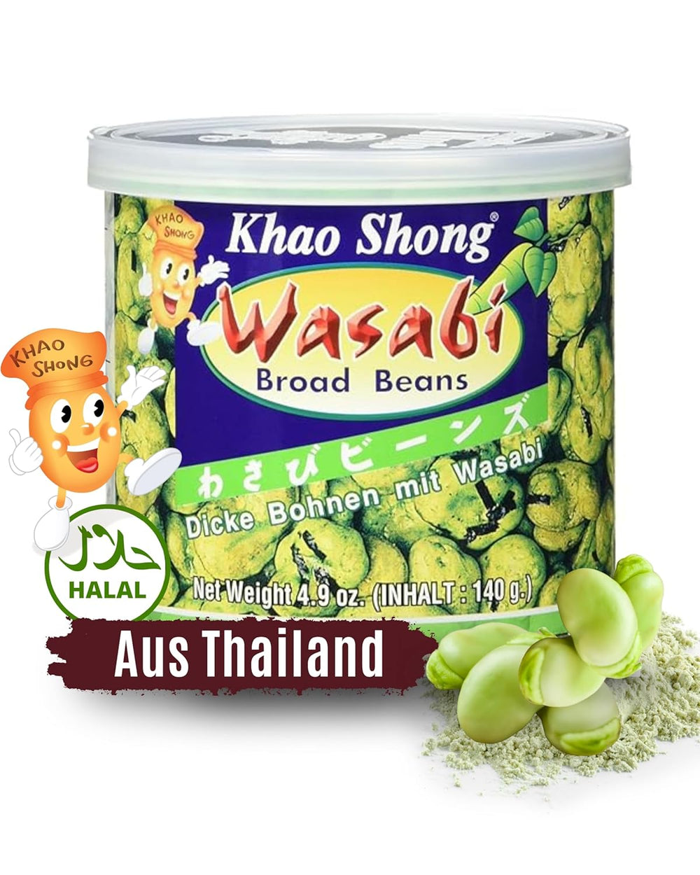 Khao Shong Pois verts frits au wasabi, pois croustillants dans une pâte épicée, une alternative faible en gras aux noix, moyennement épicé, 1 boîte de 140 g | 140 g (1 paquet)