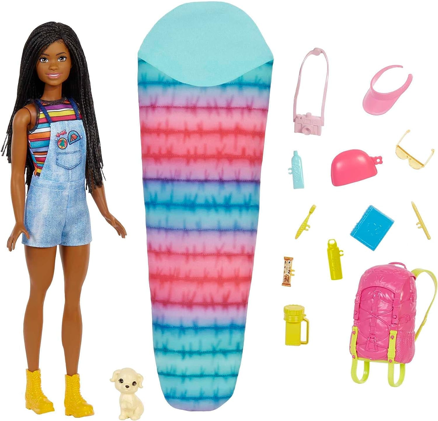 Barbie Camping Serie, 1x Puppe mit blonden Haaren, Wanderrucksack, Outdoor-Ausrüstung, Fernglas, Landkarte, Welpe, Zubehör, Geschenk für Kinder, Spielzeug ab 3 Jahre,HDF73