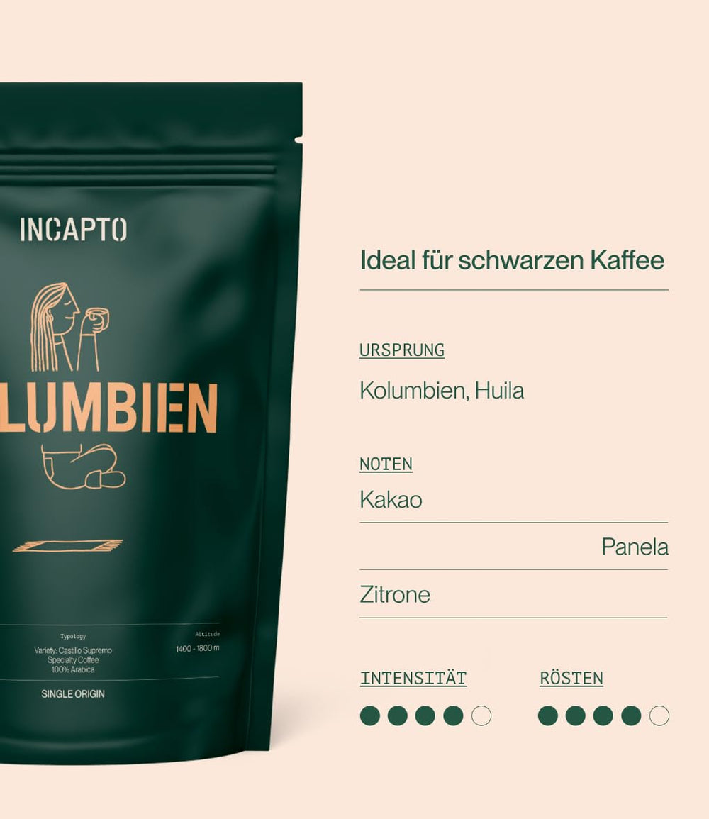 Incapto Spezialitäten-Kaffeebohnen | Colombien d’origine unique | Expresso 100% Arabica | Café de spécialité 84 Points SCA | Geröstete Bohnenkaffee traditionnelle | Plantage Huila, Cadefihuila, 1kg