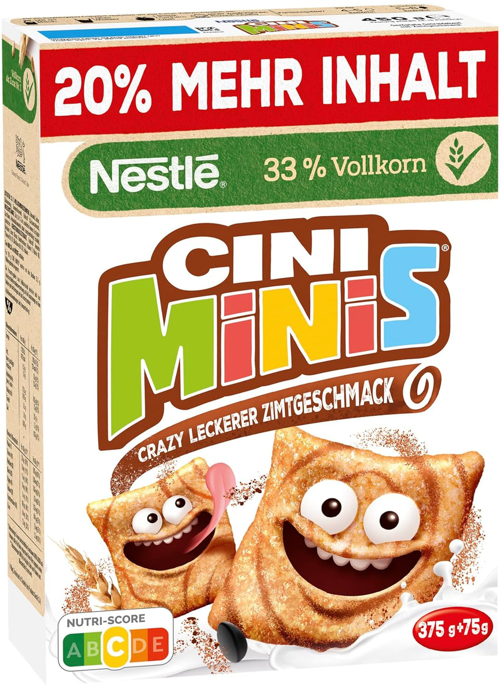Nestlé CINI MINIS, Muesli à la cannelle, 37% de grains entiers vitaux, avec vitamines, calcium et fer, flocons croquants, paquet de 7 (7x375g)