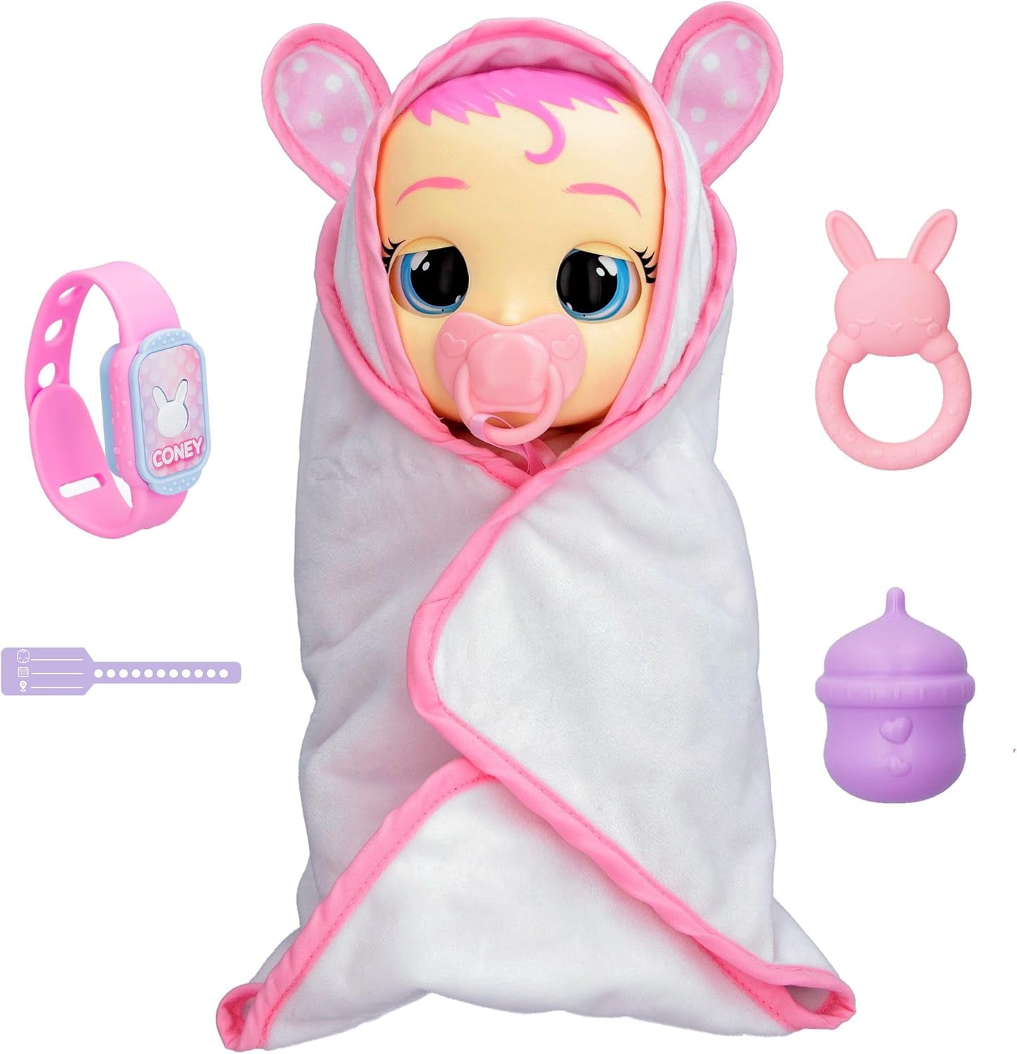 Cry Babies Magic Tears Newborn Coney-Deluxe poupée interactive nouvelle poupée avec un brassard magique, le vrai bébé est là pour bébé. -Jouets cadeaux pour les enfants à partir de 18 mois