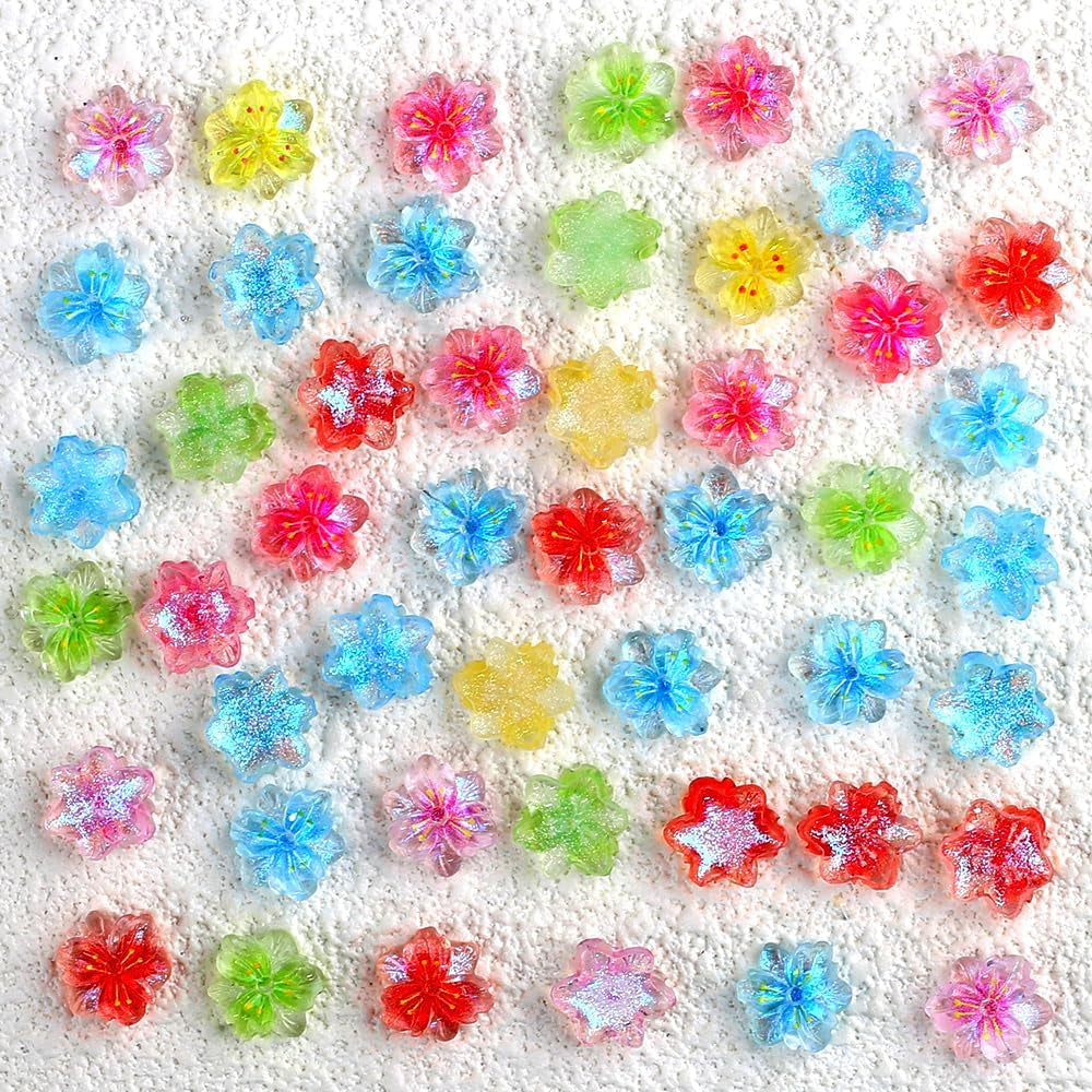 50Pcs 3D Blume Nagel Charms Nägel Zubehör Nageldesign Glitzersteine ​​​​Nailart Strasssteine ​​​​Fleur Nail Charms Lumineux Fleur Nail Art Charms Bunte Blumen Deko Nagel Steinchen Fleurs Nail Strass