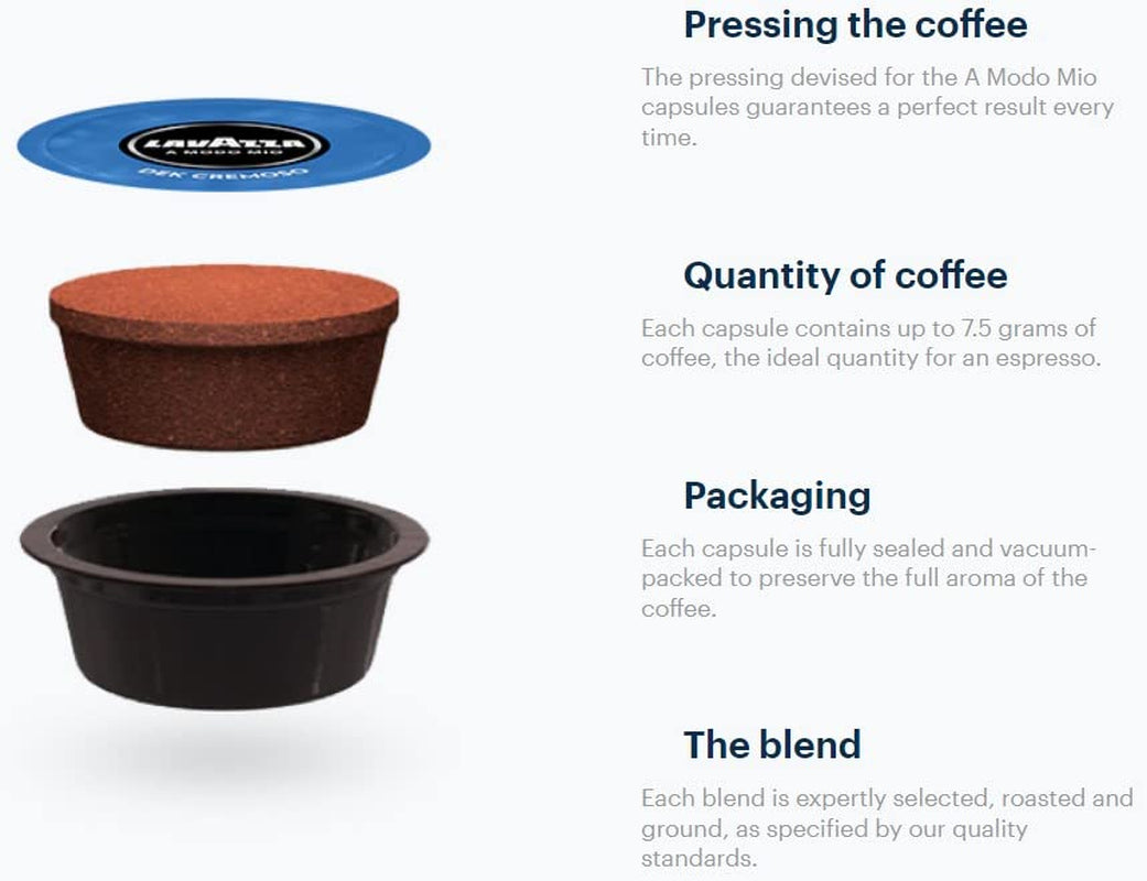 Lavazza A Modo Mio Dek Cremoso, 256 capsules de café, pour expresso décaféiné aux notes aromatiques d'amandes et de canditis, 100% Arabica, intensité 7/13, torréfaction moyenne, 16 paquets