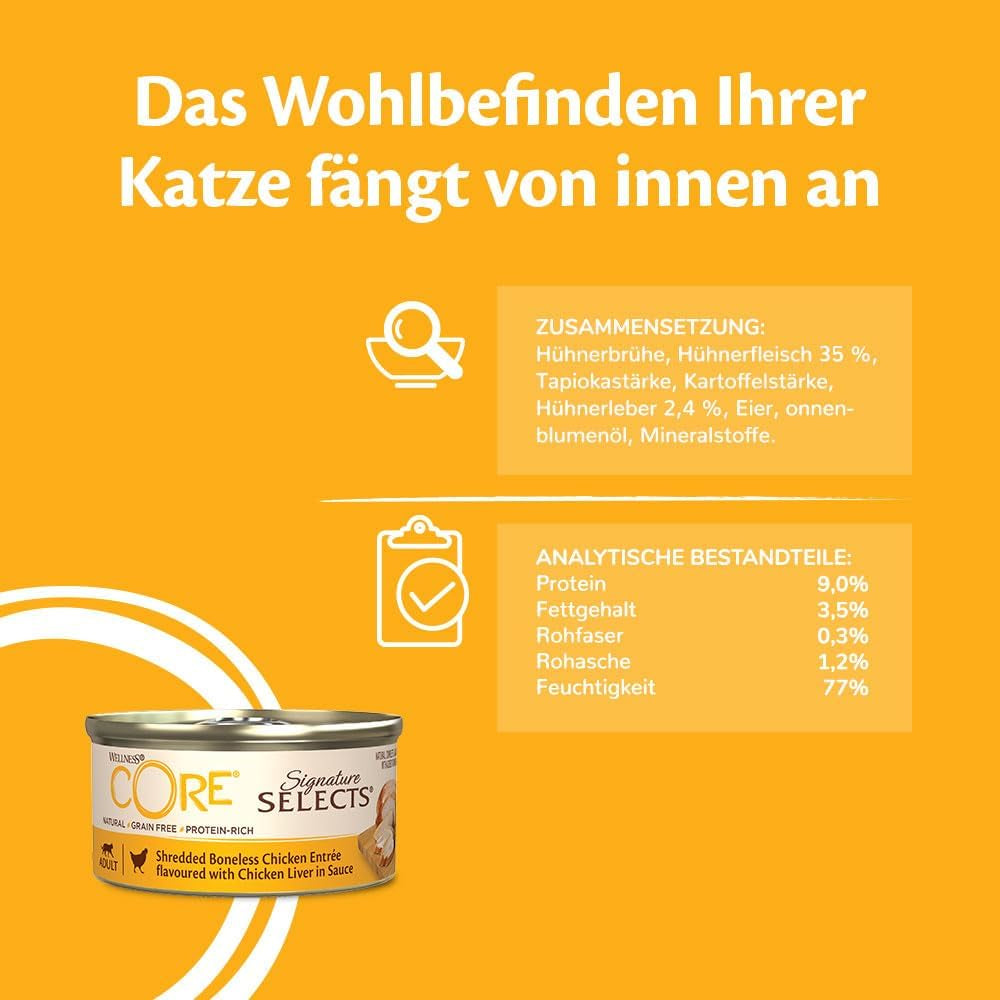 Wellness CORE Signature Selects 8 x 79g, Mélange Poulet et Dinde - Nourriture humide pour chat, délicieuses lanières en sauce, sans céréales, naturelle, hypoallergénique, riche en protéines, riche en viande