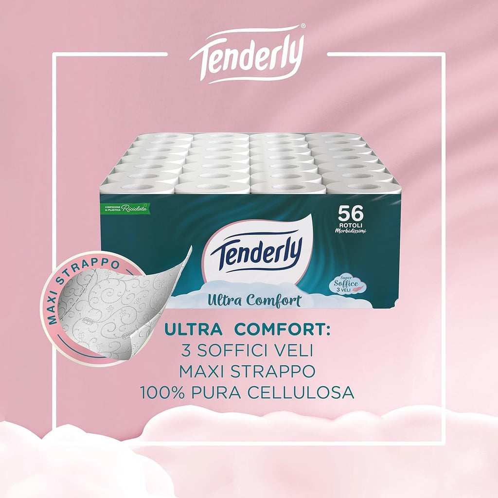 Ultracomfort, hârtie igienică cu 3 straturi, 56 role de hârtie igienică foarte moale și pură, testată dermatologic pentru pielea sensibilă, confort și delicatețe garantate